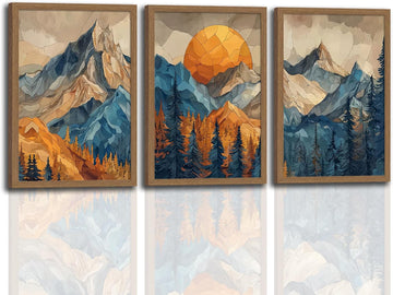 Mountain Wall Art Set of 3 Framed, Abstract Landscape Canvas Prints with Sunset Forest, Boho Nordic Nature Wall Decor