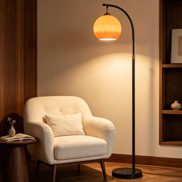 Orange Arc Floor Lamp with Glass Globe Shade, Mid Century Modern