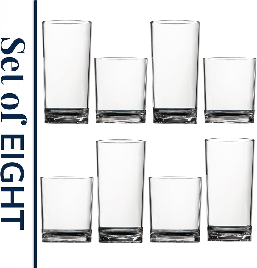 Classic Clear Plastic Reusable Drinking Glasses (Set of 8) 12oz Rocks & 16oz Water Cups | BPA-Free Tumblers, Made in