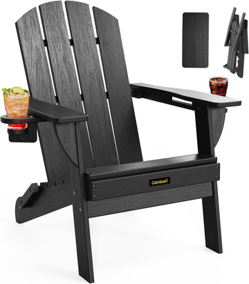 Folding Adirondack Chair, Wooden Textured Plastic Adirondack Chairs with 2 Cup Holder, Weather Resistant HDPE Fire