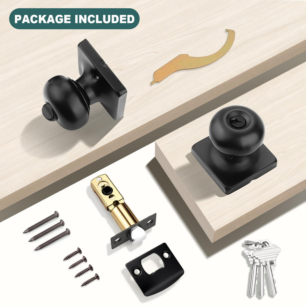 Keyed Alike Entry Door Knobs with Lock and Keys, Matte Black Entry Door Lock Sets for Exterior & Interior Doors