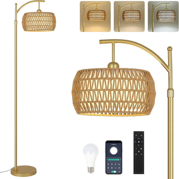 Arc Floor Lamp with 3 Color Temperatures, LED Gold Floor Lamp with Remote & Stepless Dimmable Bulb