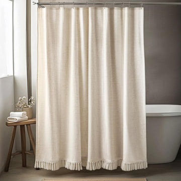 Linen Shower Curtain Boho Beige Shower Curtain with Tassels 72"W x 72"L | Thick linen-poly blend, soft textured