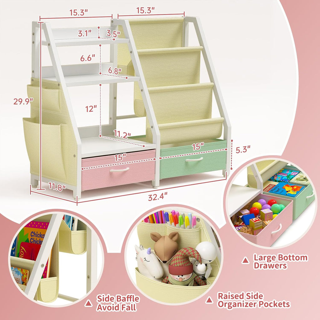 3 Tier Kids Bookshelf and Toy Organizer | 32.4"x11.8"x29.9", 3 Sling Pockets, 2 Bottom Drawers, Large Capacity Bins