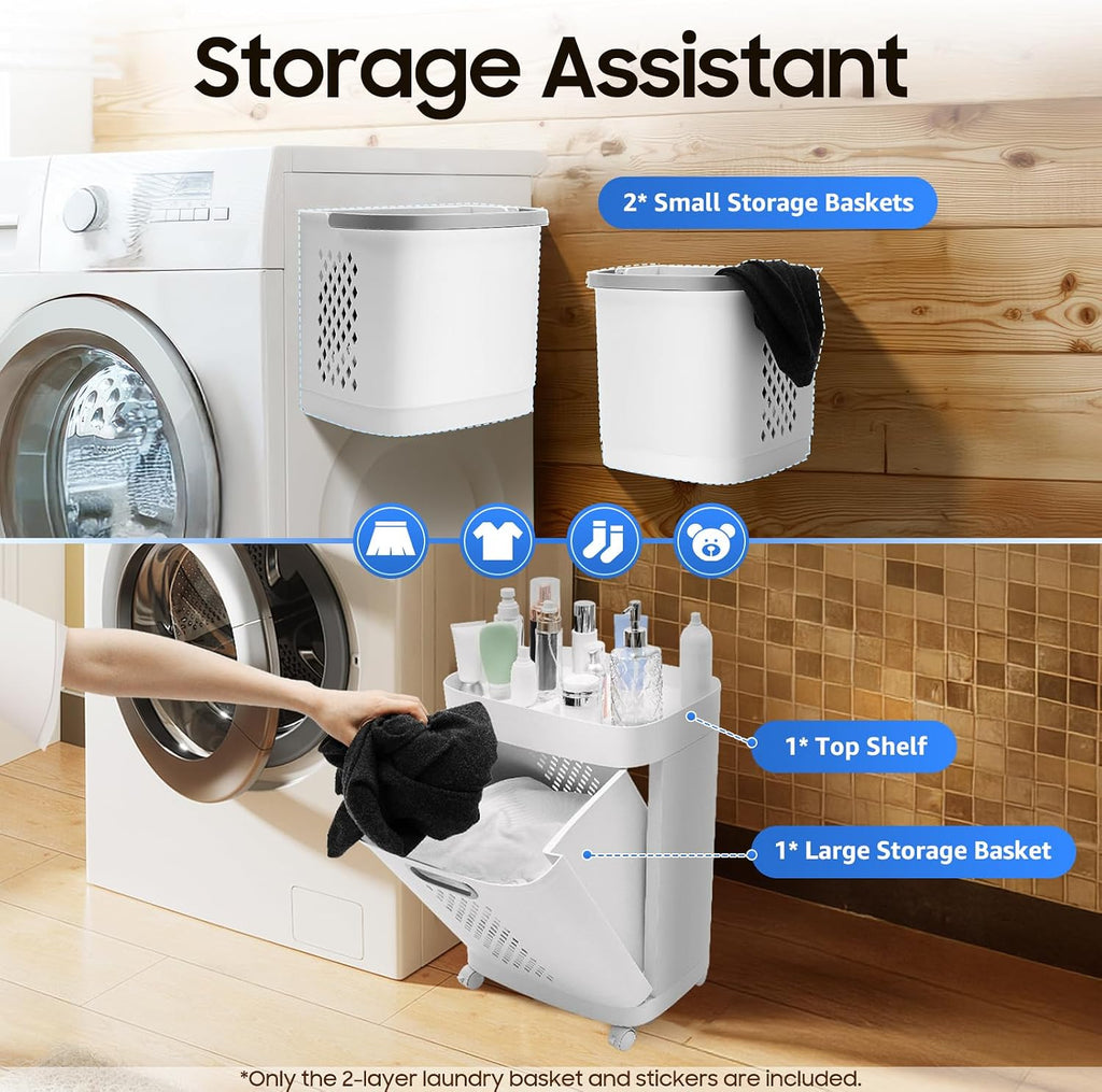 2 Tier Laundry Basket with Wheels & Handle, White Laundry Hamper Plastic 2 Section Laundry Sorter Floor-Standing