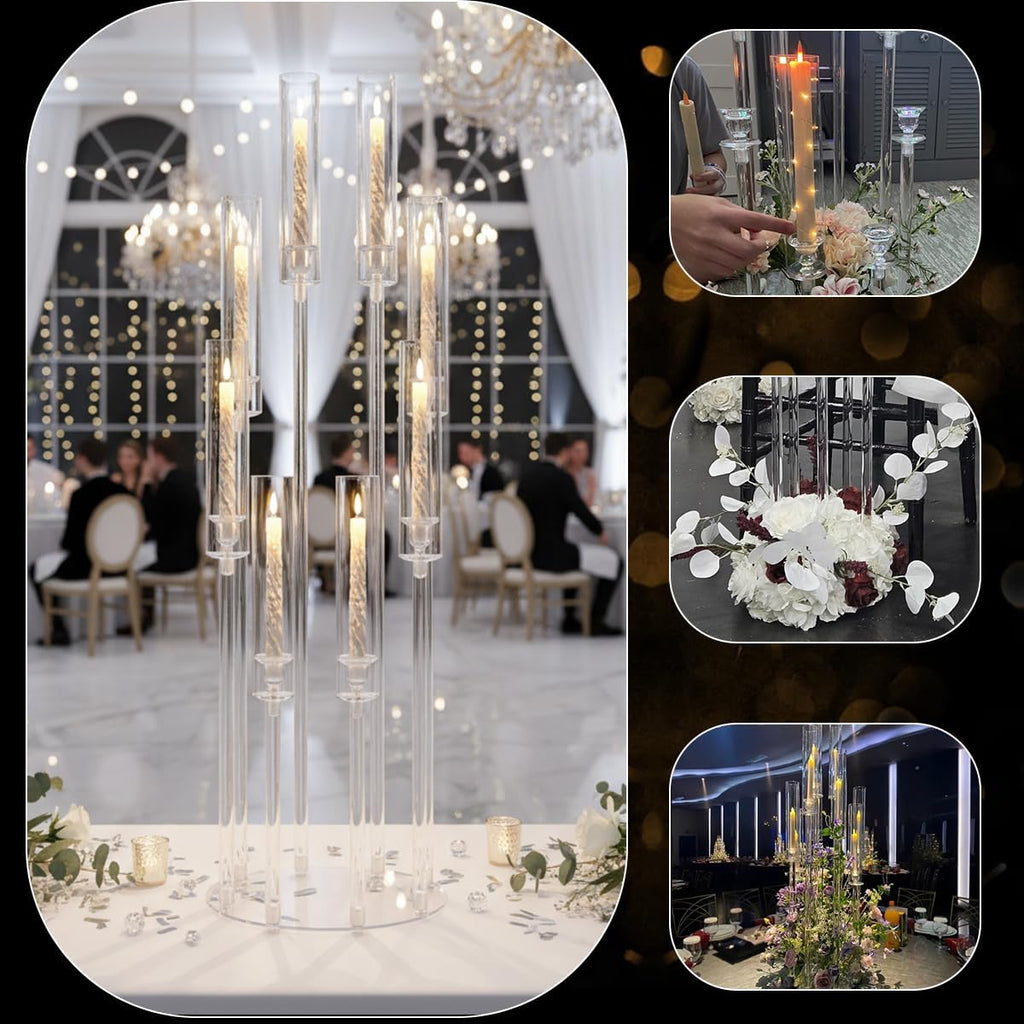 4PCS 8 Arms Clear Candelabra Candle Holder,38.5 inches Tall Arcylic Candlesticks Holder with Shade for Table Dinner