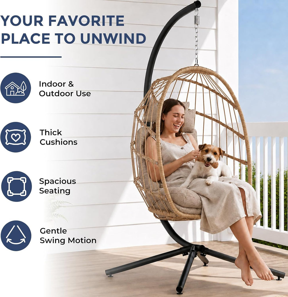 Outdoor Hanging Egg Chair with Stand, Indoor Wicker Egg Shaped Swing Chair with Cushion, 370lbs Capacity Comfy Patio