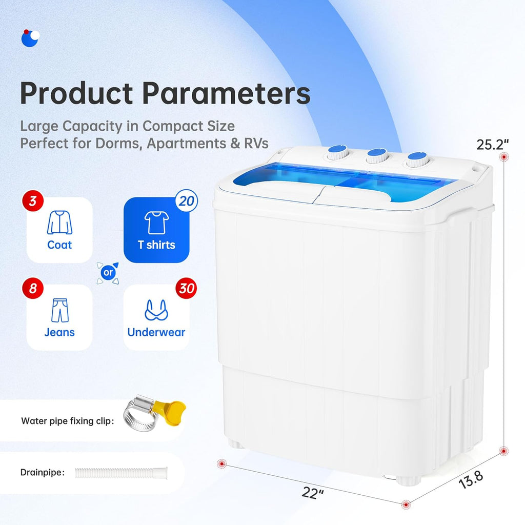 16Lbs Portable Washing Machine, Compact Single Tub Laundry Washer with Spin Dryer, Mini Semi-Automatic Washing Machine