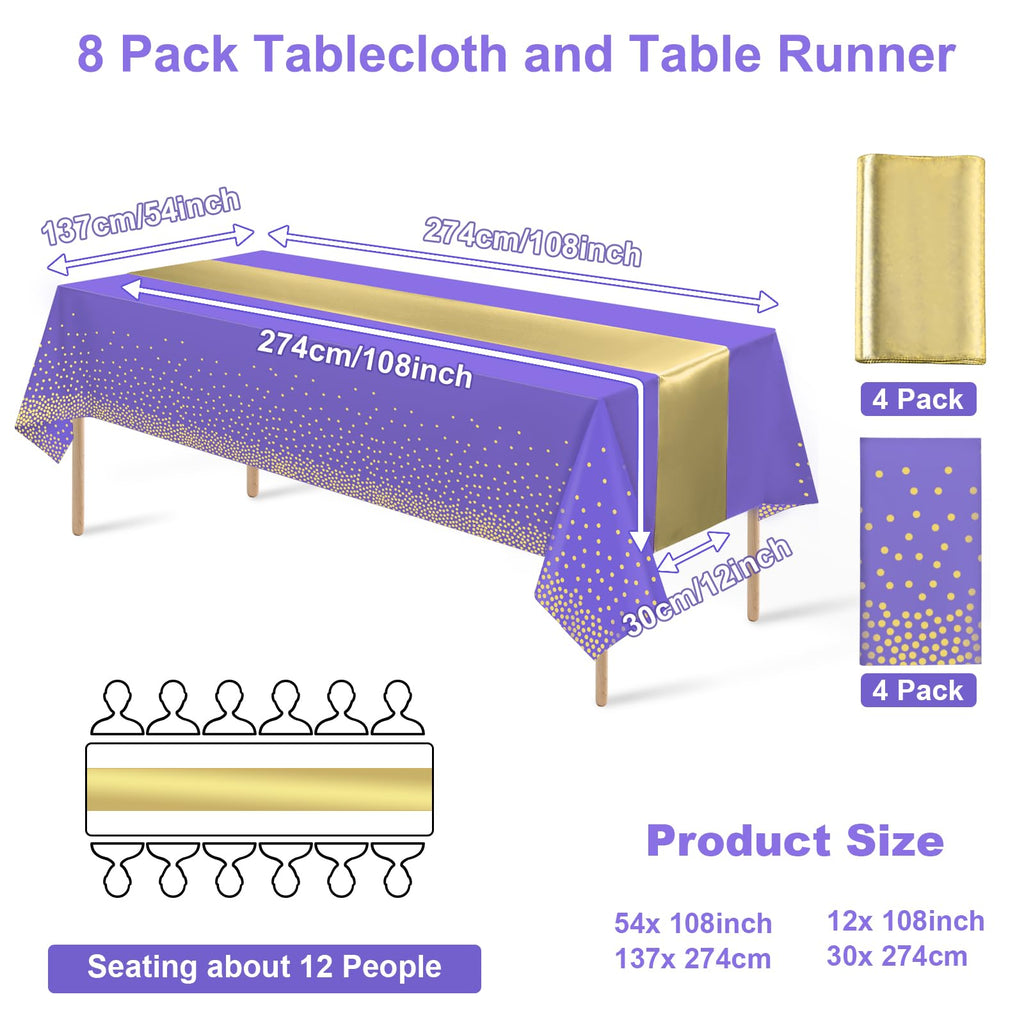 8Pack Disposable Plastic Tablecloths and Satin Table Runner Set Purple and Gold Dot Tablecloth Gold Satin Table