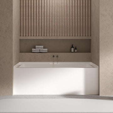 60 Inch Alcove Soaking Bathtub, Rectangular Acrylic Tub with Integral Apron, Left Drain, Glossy White Finish, Brushed