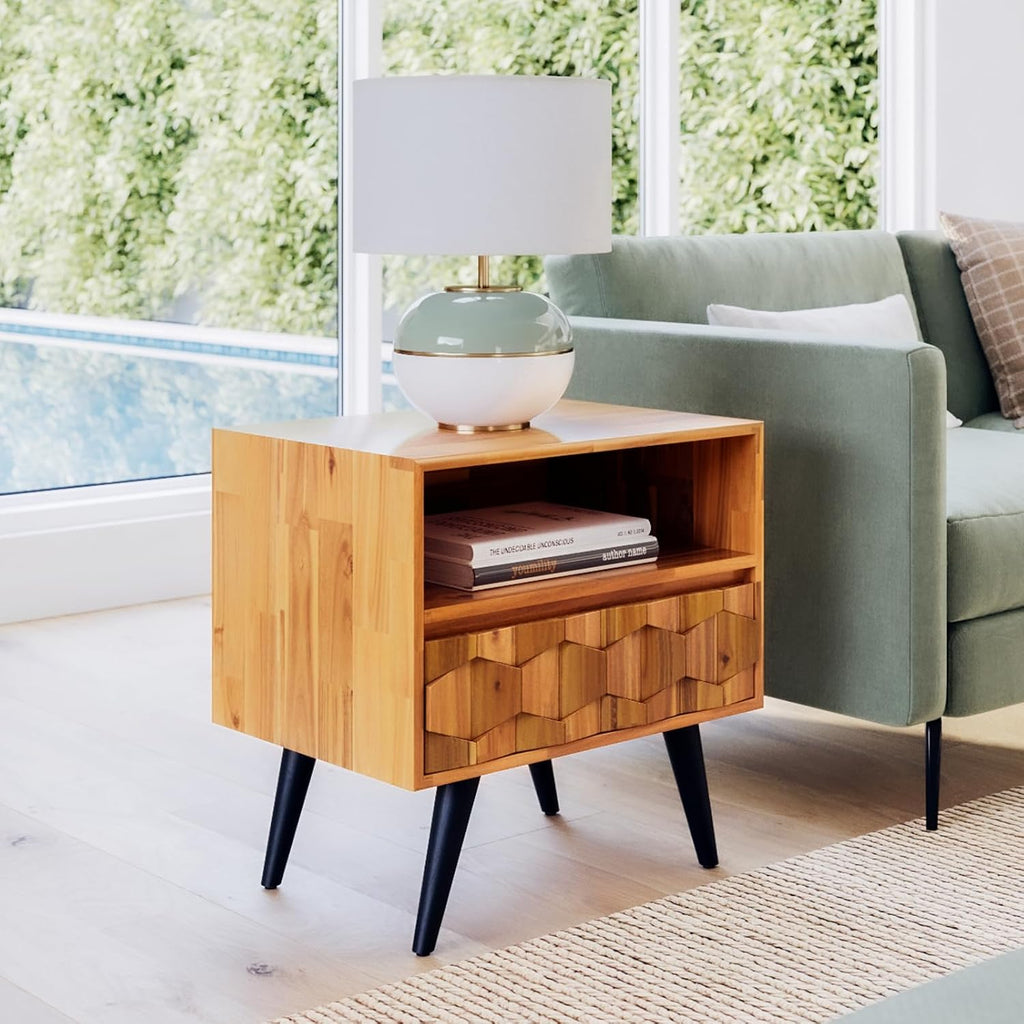 Georgina Solid Wood Nightstand With 1 Drawer & Open Shelf- Fully Assembled Mid Century Modern Side Table - Geometric