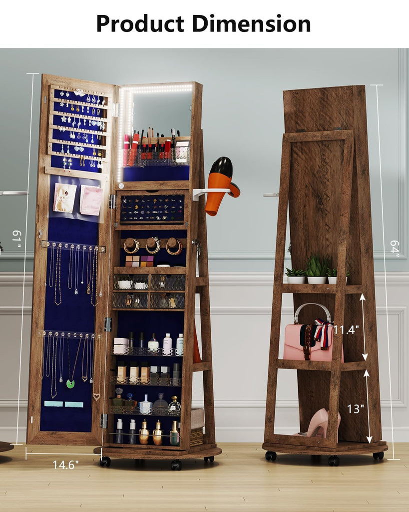 Full Length Mirror Jewelry Armoire, LED, Lockable, Rotating, Walnut