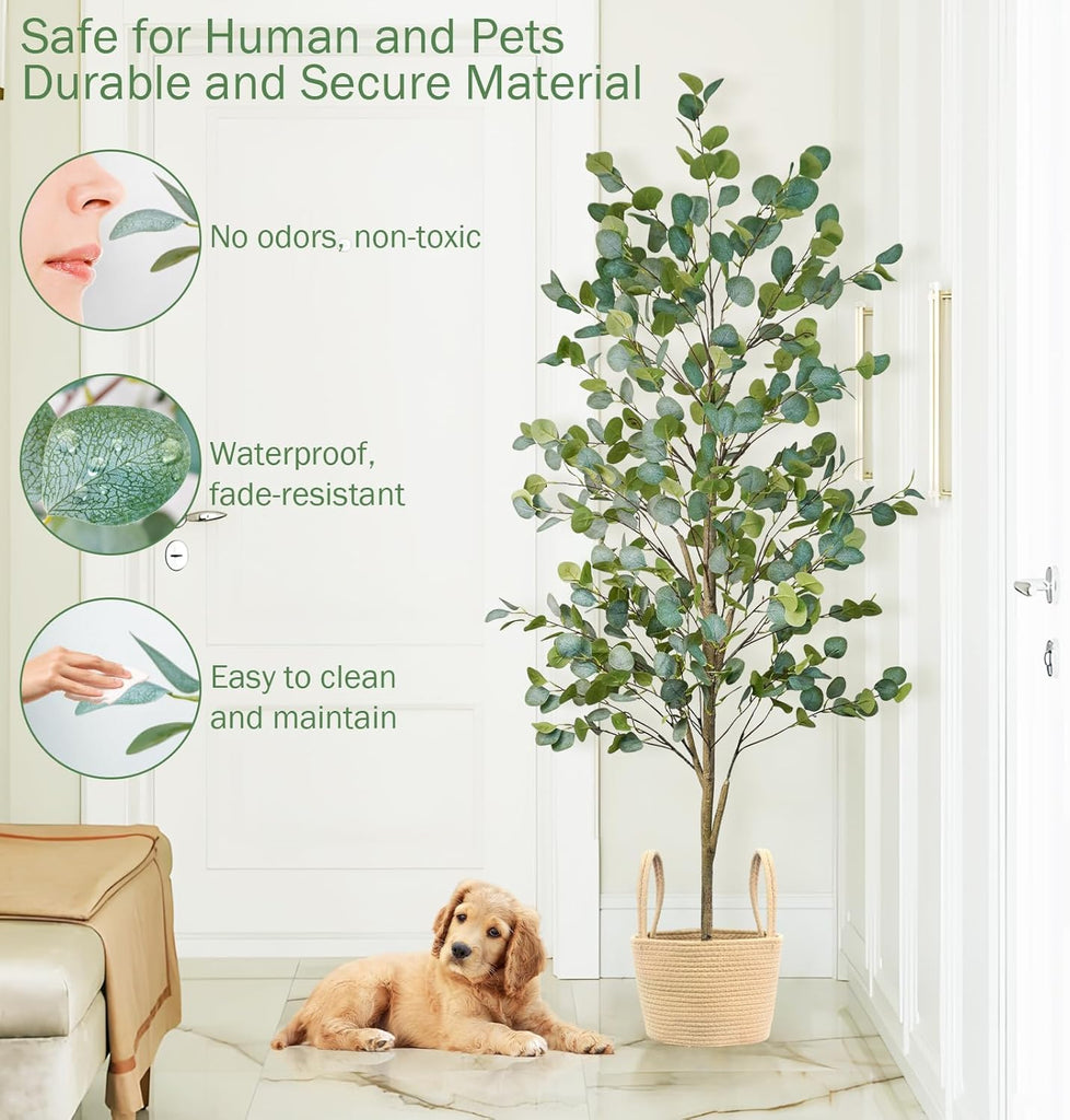 Faux Eucalyptus Tree 6FT, Artificial Potted Tree for Indoor Outdoor, Fake Floor Plants with Natural Wood Trunk, Home