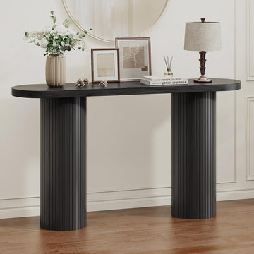 55 Inch Entryway Console Table, Sofa Table Narrow Long Behind Couch, Black | Fluted Design, Oval Wood Table
