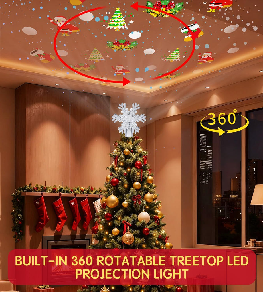 Tree Topper Lighted Decorations, Built-in Led 360° Rotating Projector Lights, Silver Spangles Plug in for Indoor Home