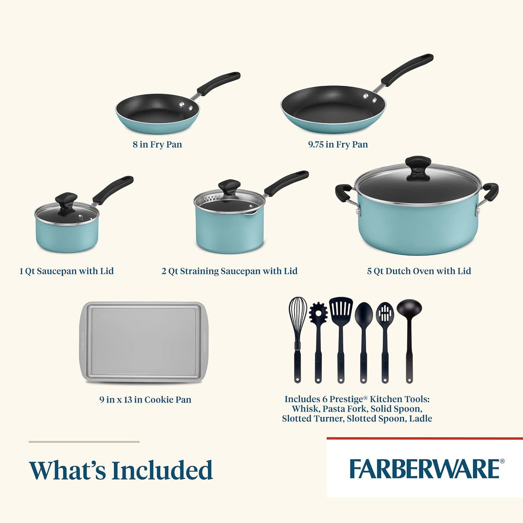 Cookstart Aluminum DiamondMax Nonstick Cookware Set, Kitchen Essentials, 15-Piece, Aqua