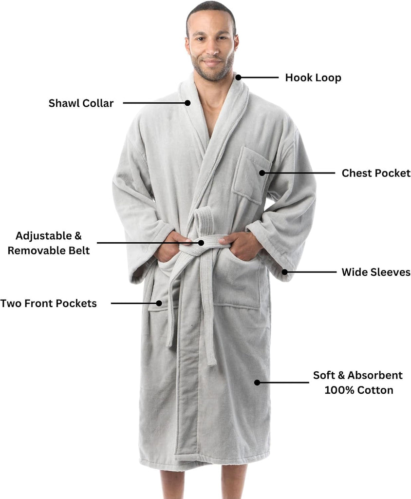 Pure Cotton Mens Terry Cloth Bathrobe Super Absorbent Spa Robe