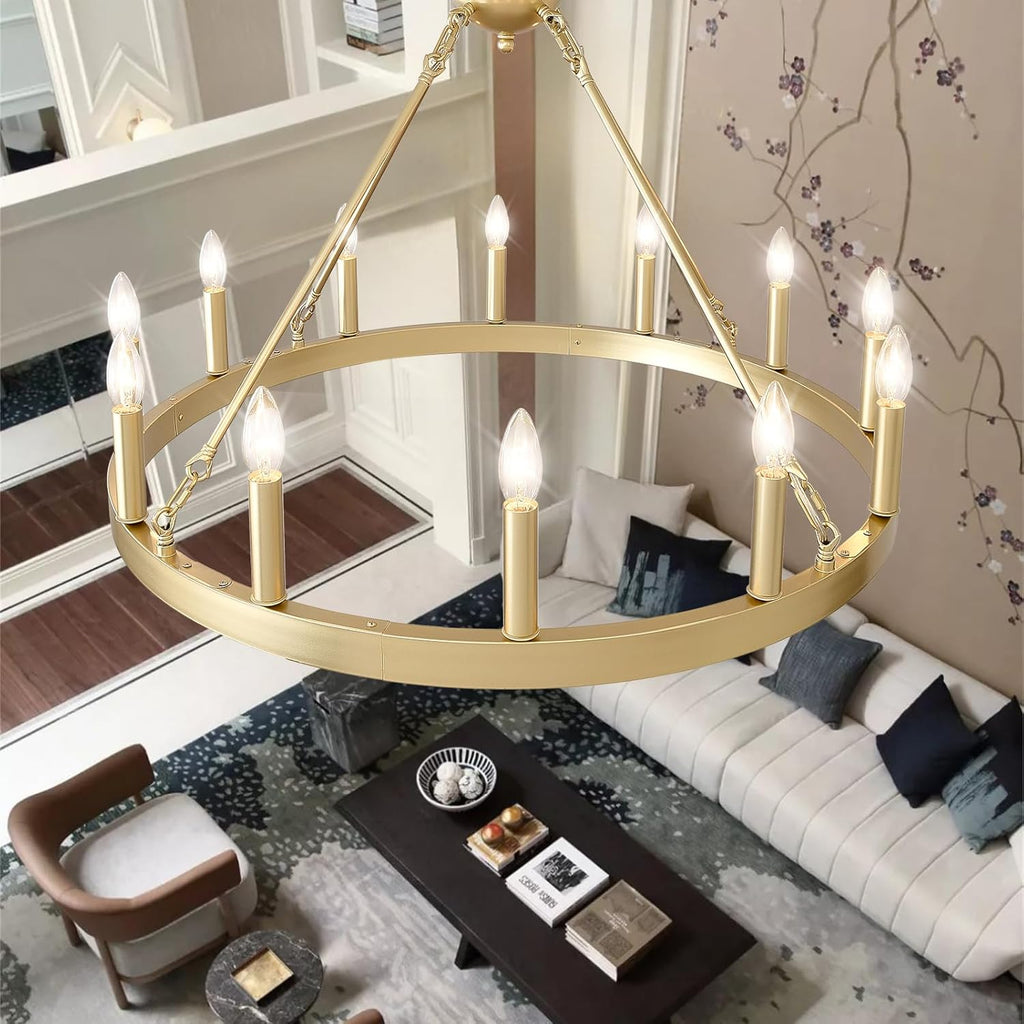 Inspired Camino Style Chandelier - Gold Wagon Wheel Chandelier Farmhouse 32-Inch, 12-Light Modern Gold Chandelier for Dining Room, Round Iron Industrial Chandeliers Light Fixture for Living Room, Foyer, Entryway, E12