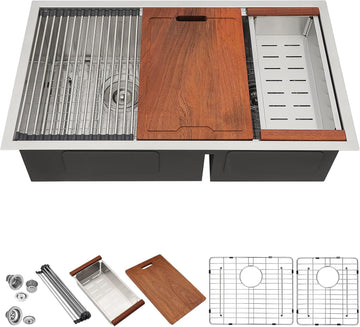 Undermount Double Kitchen Sink 32 Inch 16 Gauge Undermount Workstation 60/40 Double Bowl Sink Stainless Steel with