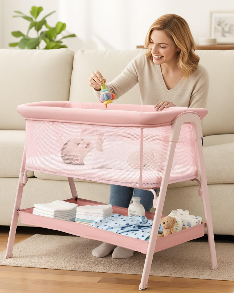 Bassinet, Bedside Bassinet for Baby | Bassinet Bedside Sleeper with Mattress, Storage Basket and 4 Auto-Lock Wheels