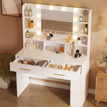 Vanity Desk with LED Lights Mirror & Charging Station, White Makeup Vanity with Storage Drawers and Shelves, Modern