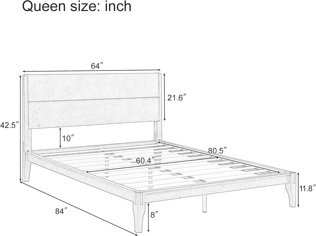 Queen Bamboo Platform Bed, Mid-Century Modern Bed Frame with Tall Headboard, Solid Sustainable Bedframe Queen-size