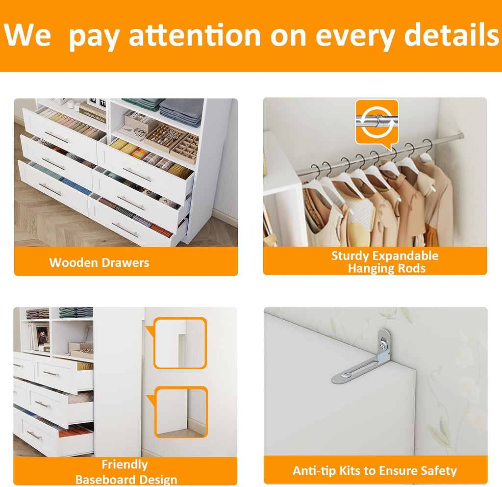 Closet System with 3 Wooden Drawers, 4.5-6FT Corner Closet Organizer System for Walk in Closet, Heavy Duty Modular