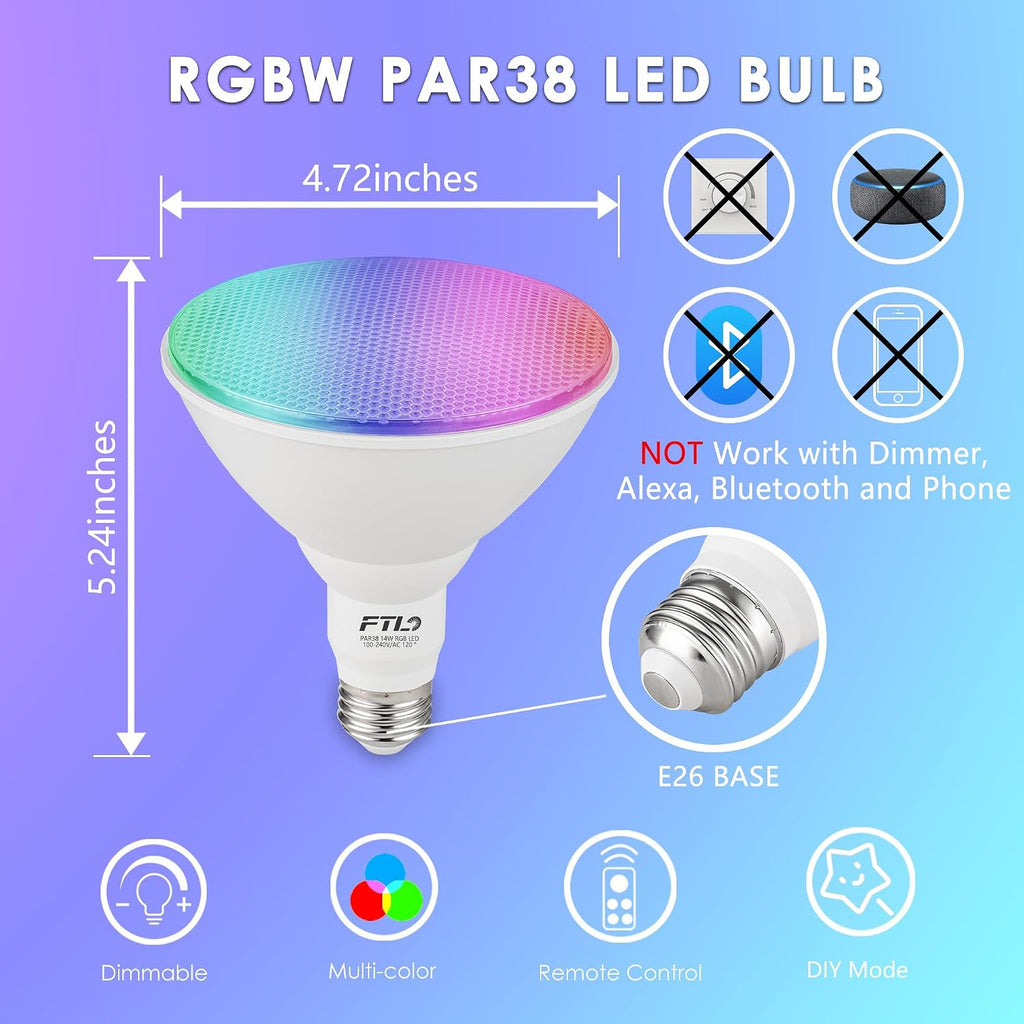 PAR38 LED Color Changing Flood Light Bulb with Remote Control, RGB Dimmable Colored Light Bulbs 14W=100W, 30 Colors