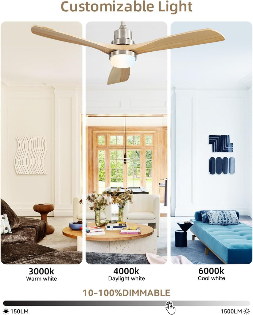 52 Inch Wood Ceiling Fan with Light and Remote - Dimmable 3-CCT LED, Reversible DC Motor - Sandy Nickel & Natural Wood