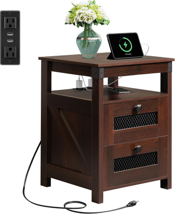 Nightstand with Charging Station, Farmhouse End Table, Bed Side Table with 2 Storage Drawers and Open Shelf, Wood