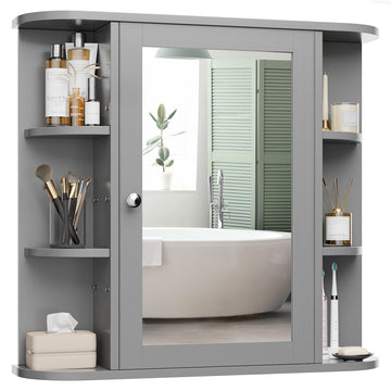 Bathroom Mirror Cabinet Wall Mounted, Medicine Cabinet with Mirror and 6 Open Shelves, Modern Bathroom Wall Cabinets