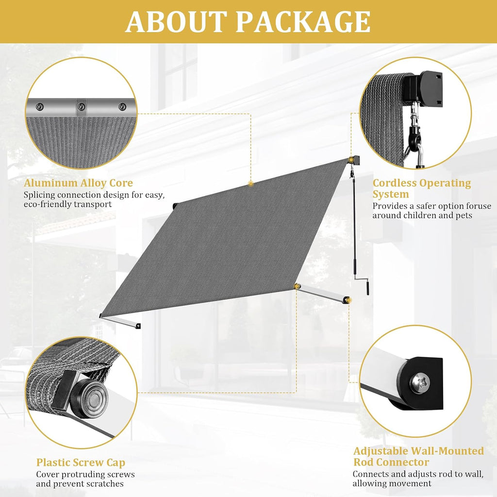 120" X 96" Manual Retractable Awnings Shades Roll Up Outdoor Sunshade Cloth for Backyard, Garden, Balcony, Grey