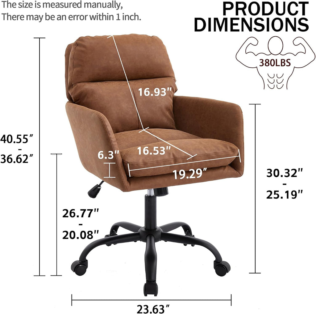 Adjustable Home Office Desk Chair with Comfy Square Mid-Back, Faux Leather 360 Swivel Upholstered Task Armchair with Wheels for Vanity Bedroom/Living Room,Study Brown