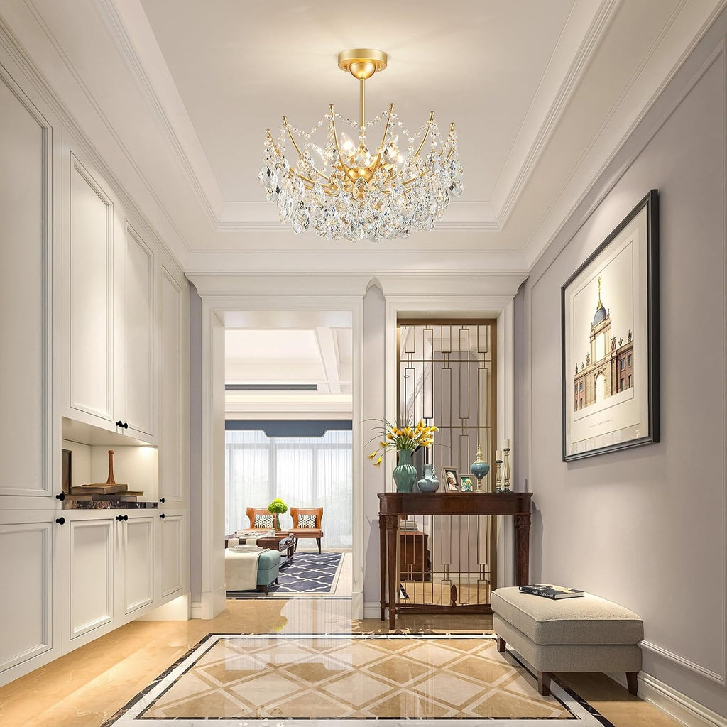 Crystal Chandelier Ceiling Light, Modern Semi Flush Mount Ceiling Light Fixture, Gold Hallway Lighting Fixtures