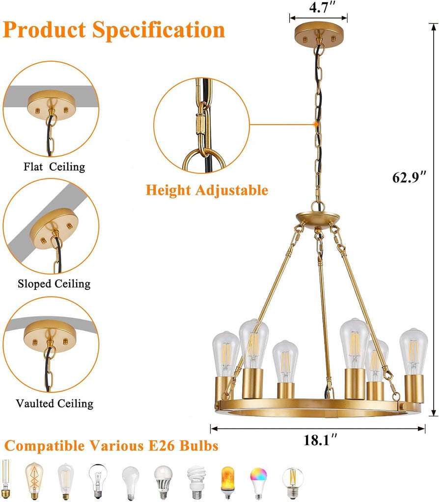 Inspired Camino Style Chandelier - 6 Lights Gold Wagon Wheel Chandelier, Modern Golden Pendant Lights Fixtures for Living Room, Bedroom, Entryway, Foyer, Haning Light with 18.1", E26 Bulbs