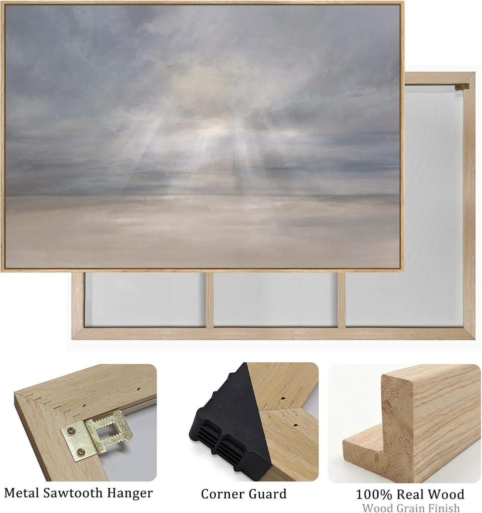 Large Framed Abstract Beach Landscape Wall Art, Horizontal Minimalist Coastal Seascape Canvas Artwork for Walls