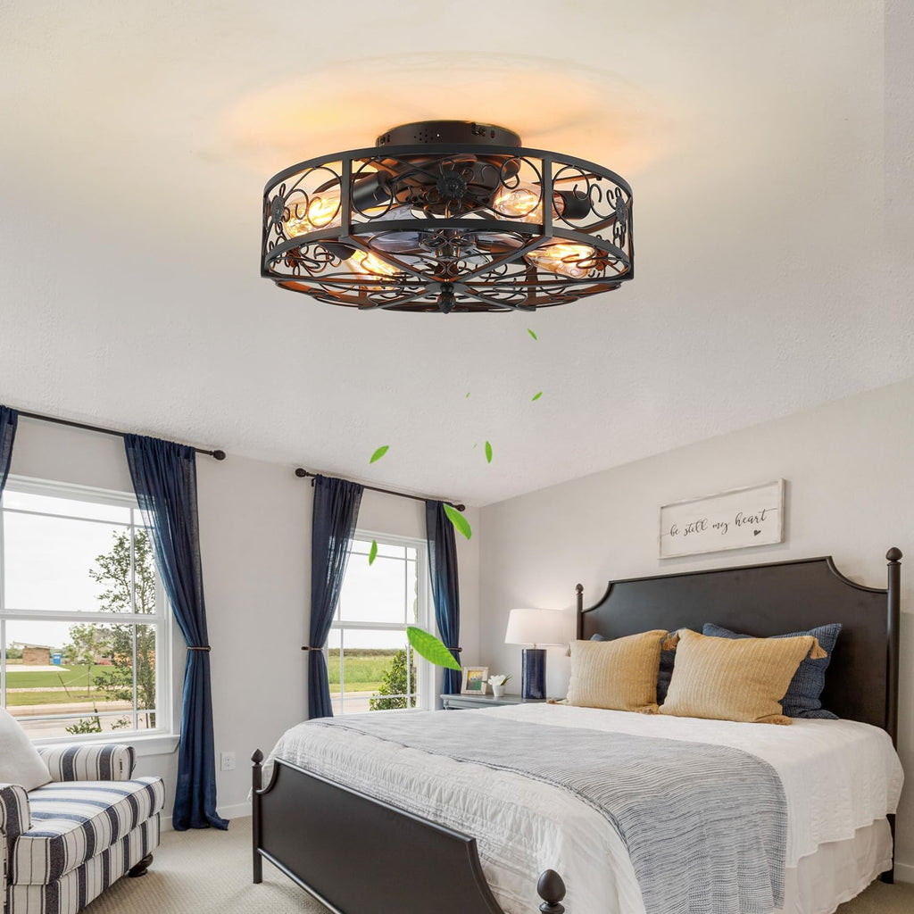 20'' Caged Ceiling Fan with Lights and Remote Control,Small Farmhouse Bladeless Low Profile Ceiling Fans Lights