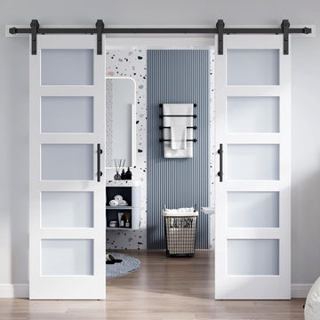 Double 24×84 Inch Glass Barn Door Slab and 8ft Hardware Kit Included, 5 Frosted Glass, LVL Wood Pane