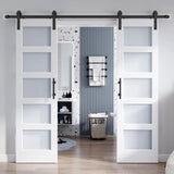 Double 24×84 Inch Glass Barn Door Slab and 8ft Hardware Kit Included, 5 Frosted Glass, LVL Wood Pane