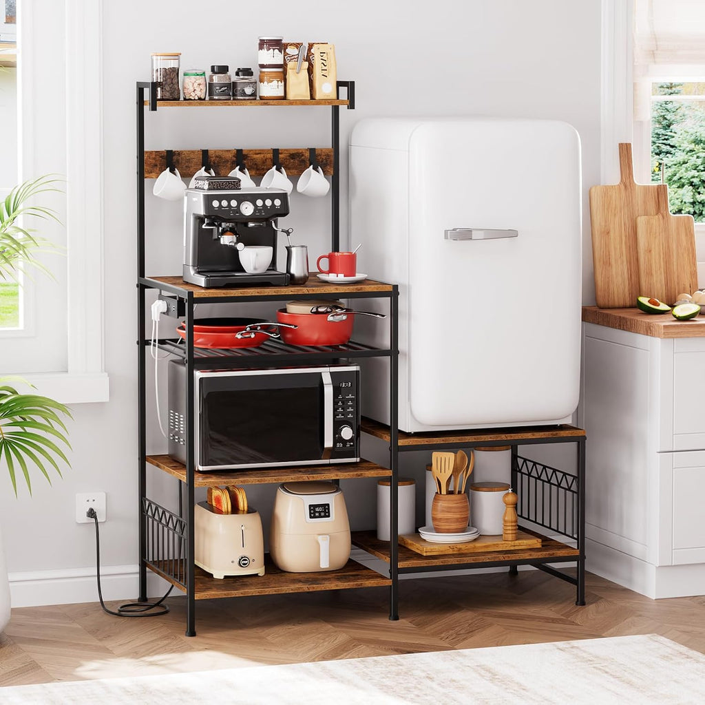 Kitchen Shelf Bakers Rack with Power Outlet, Mini Fridge and Microwave Stand Coffee Bar Table with S-Hooks, Storage
