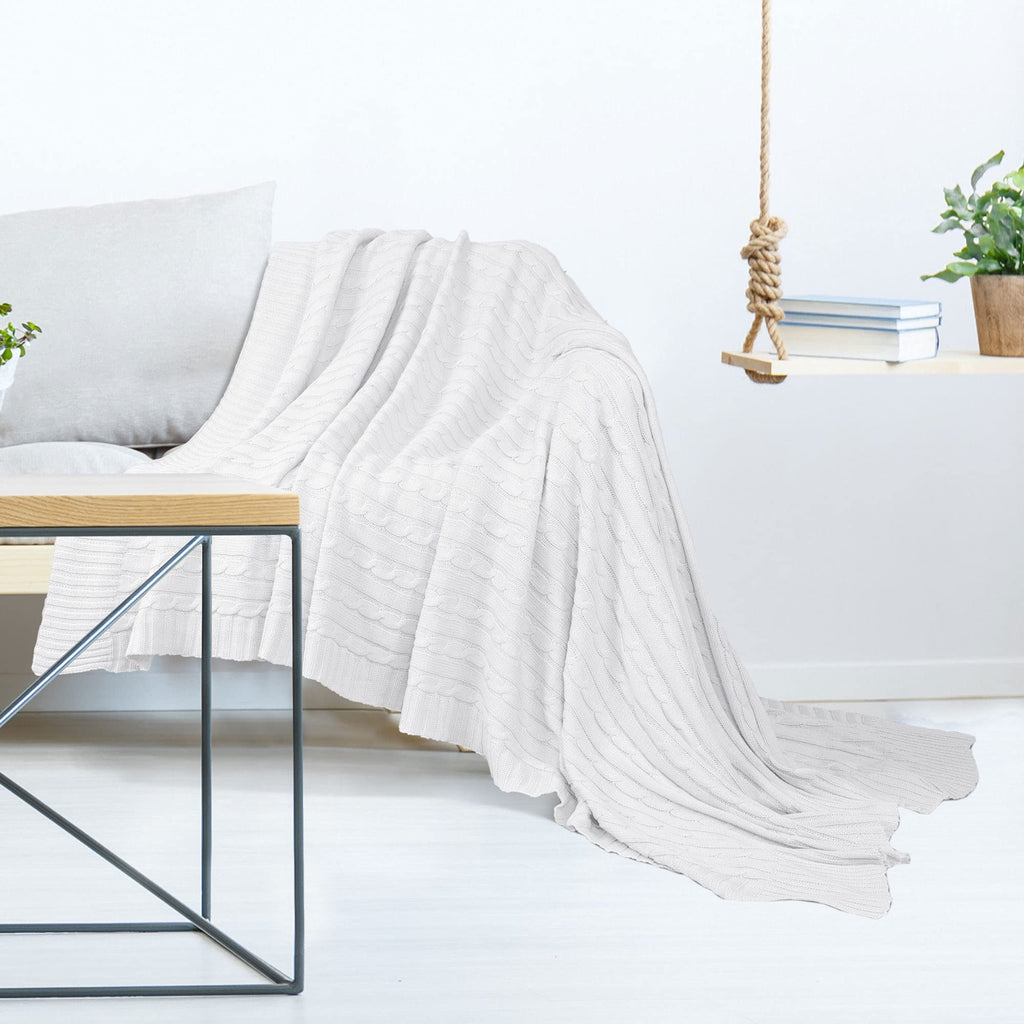 100% Cotton Throw Blanket, Cable Knitted White 50x60
