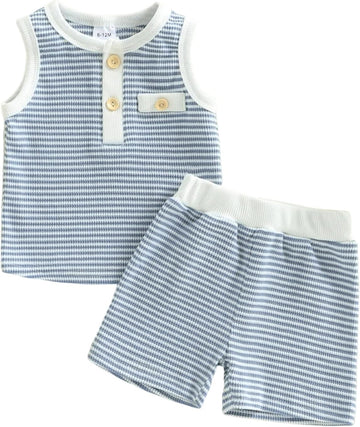 Toddler Baby Boy Stripe Waffle Sleeveless Shirt Shorts Set