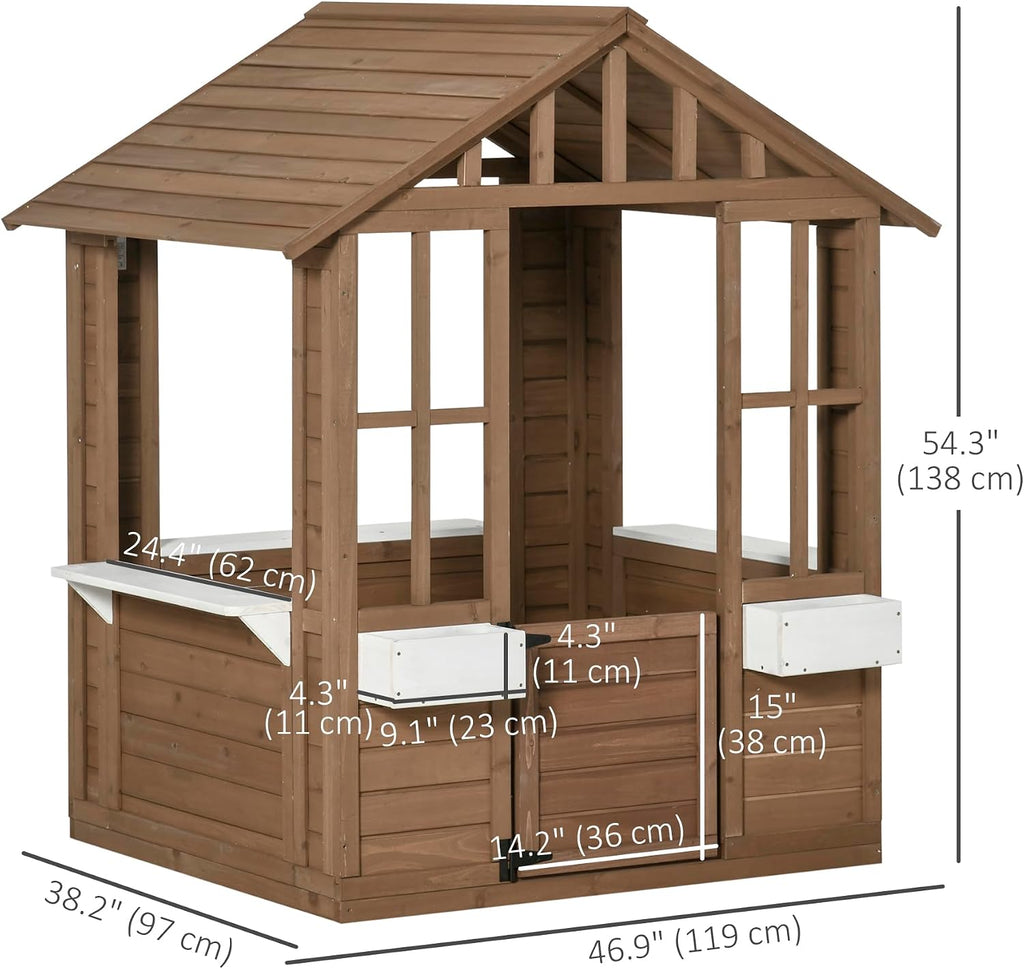 Outdoor Playhouse Wooden Kids Playhouse with Working Door Brown | Windows, Kids Cottage, Flowers Pot Holder, Backyard