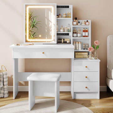 White Makeup Vanity Desk with Sliding Mirror & 4 Drawers | Smart LED Mirror, 3 Adjustable Lighting Modes, Vanity