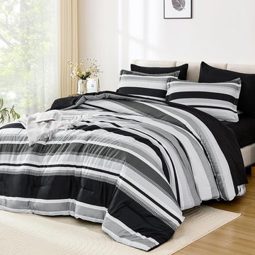 Queen Comforter Set, 7 Pieces Bed in a Bag Orange Queen Bed Set, Soft Boho Striped Bedding Sets with Sheets