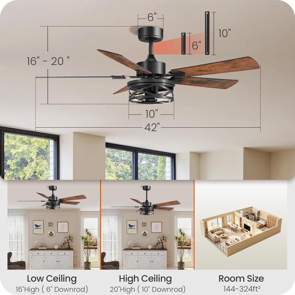 42 Inch Farmhouse Ceiling Fan with Lights and Remote, Timer, Dual Finish 5 Blades (Walnut and Black), 6 Speeds