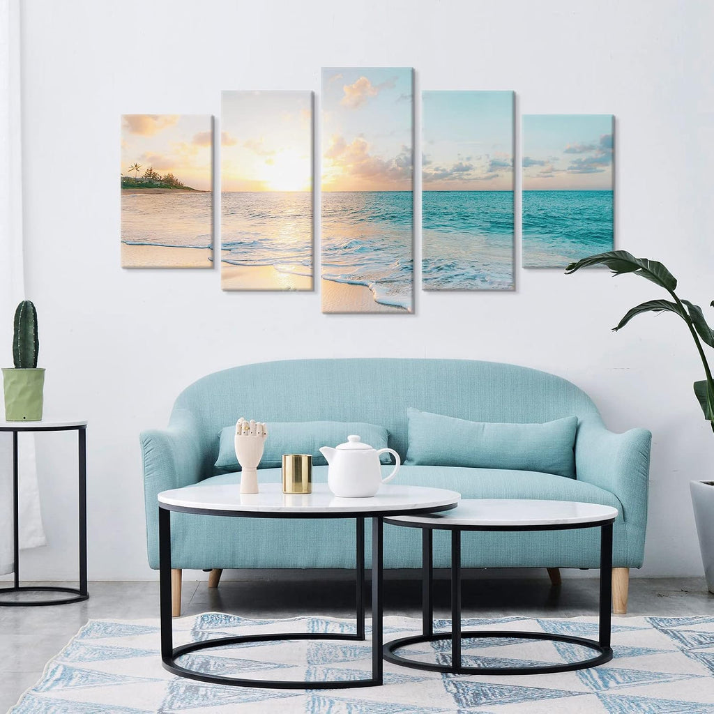 5 Pieces Beach Sunset Canvas Wall Art Blue Sea Prints Romantic Ocean Waves Pictures Painting Bedroom Home Decorations