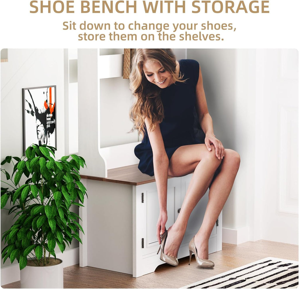 Hall Tree with Shoe Rack, 5-in-1 Farmhouse Coat Rack with Shoe Bench, Standing Shoe Storage with 3 Hooks for Front