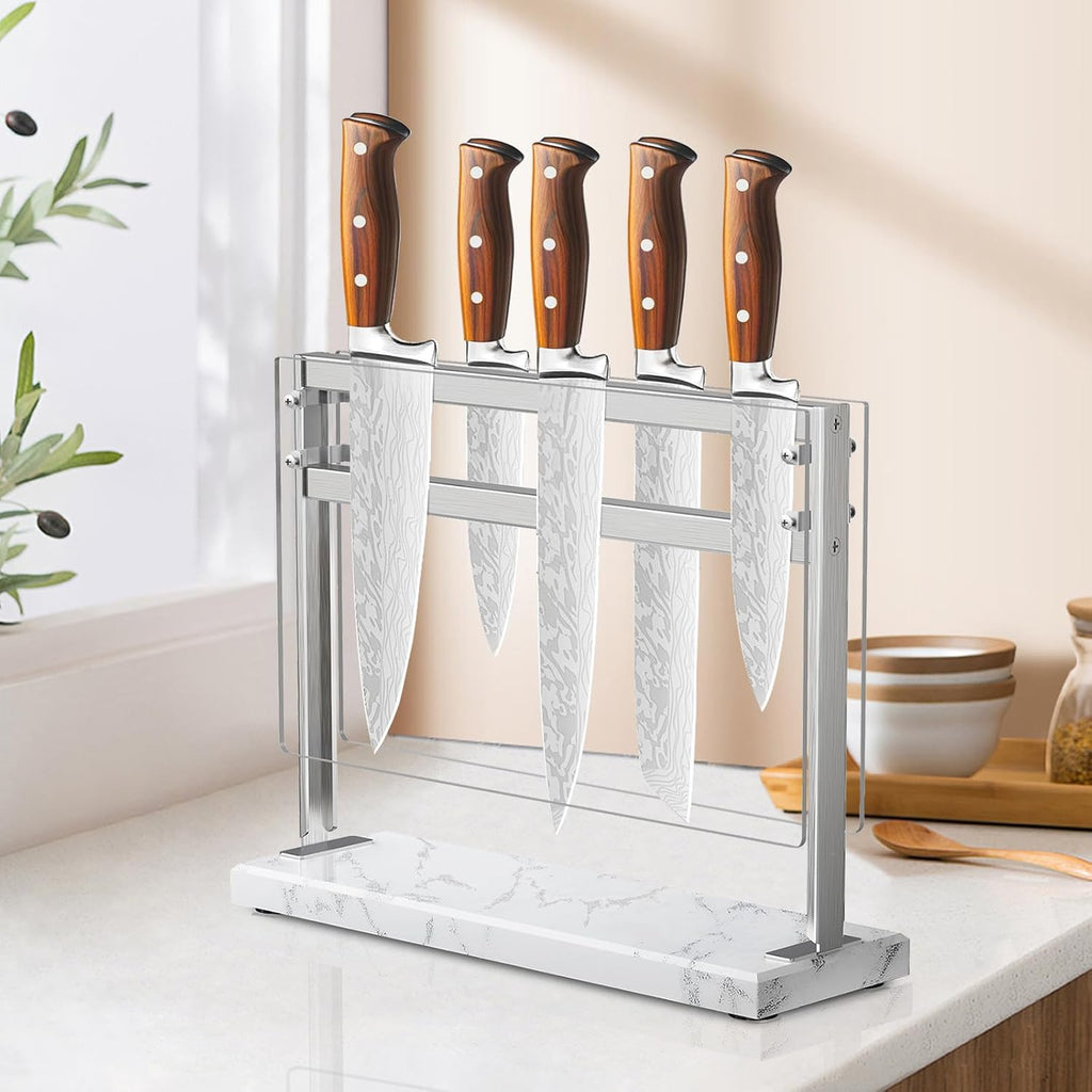 Acrylic Shield Magnetic Knife Block Holder - Marble Base Magnetic Knife Stand for Counter Top -Double Sided Magnetic