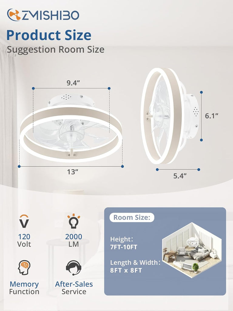 Low Profile Ceiling Fans with Lights and Remote, 13 Inch Fandelier Ceiling Fan with Light, White Modern Flush Mount Ceiling Fan, Small Dimmable LED Fan Lights for Bedroom